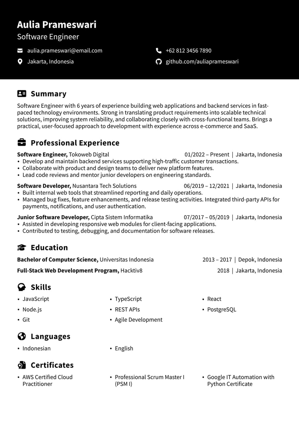 Software Engineer resume example