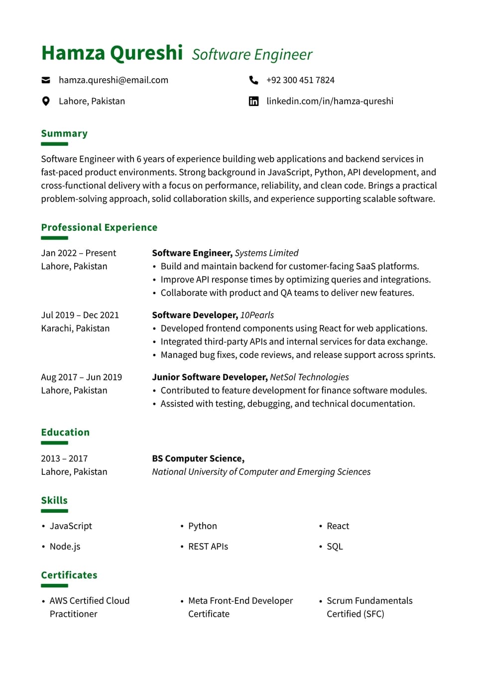Software Engineer resume example