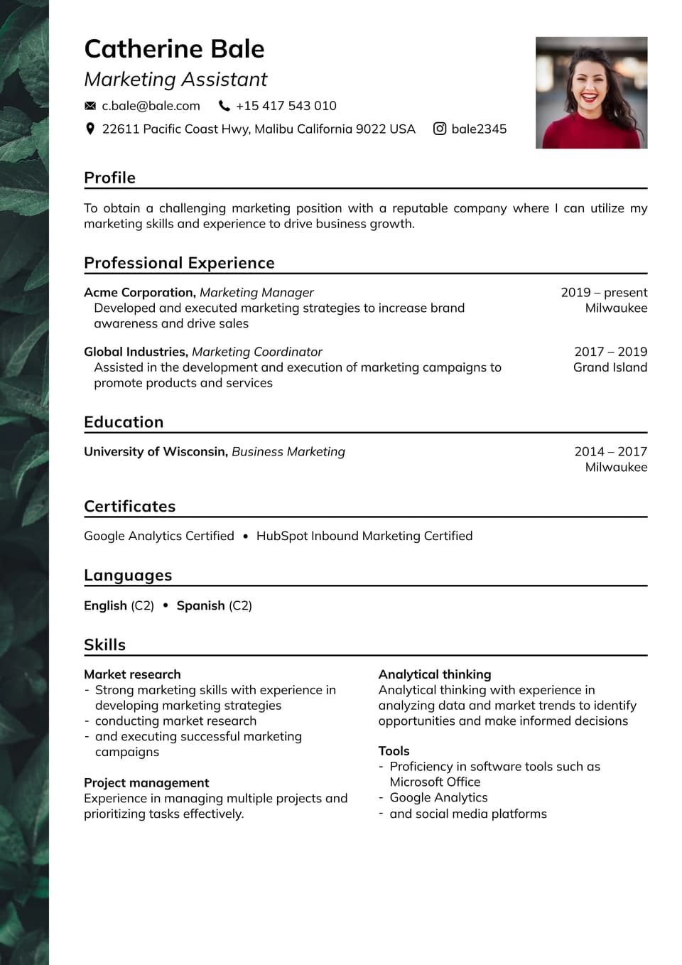 Marketing Assistant resume example