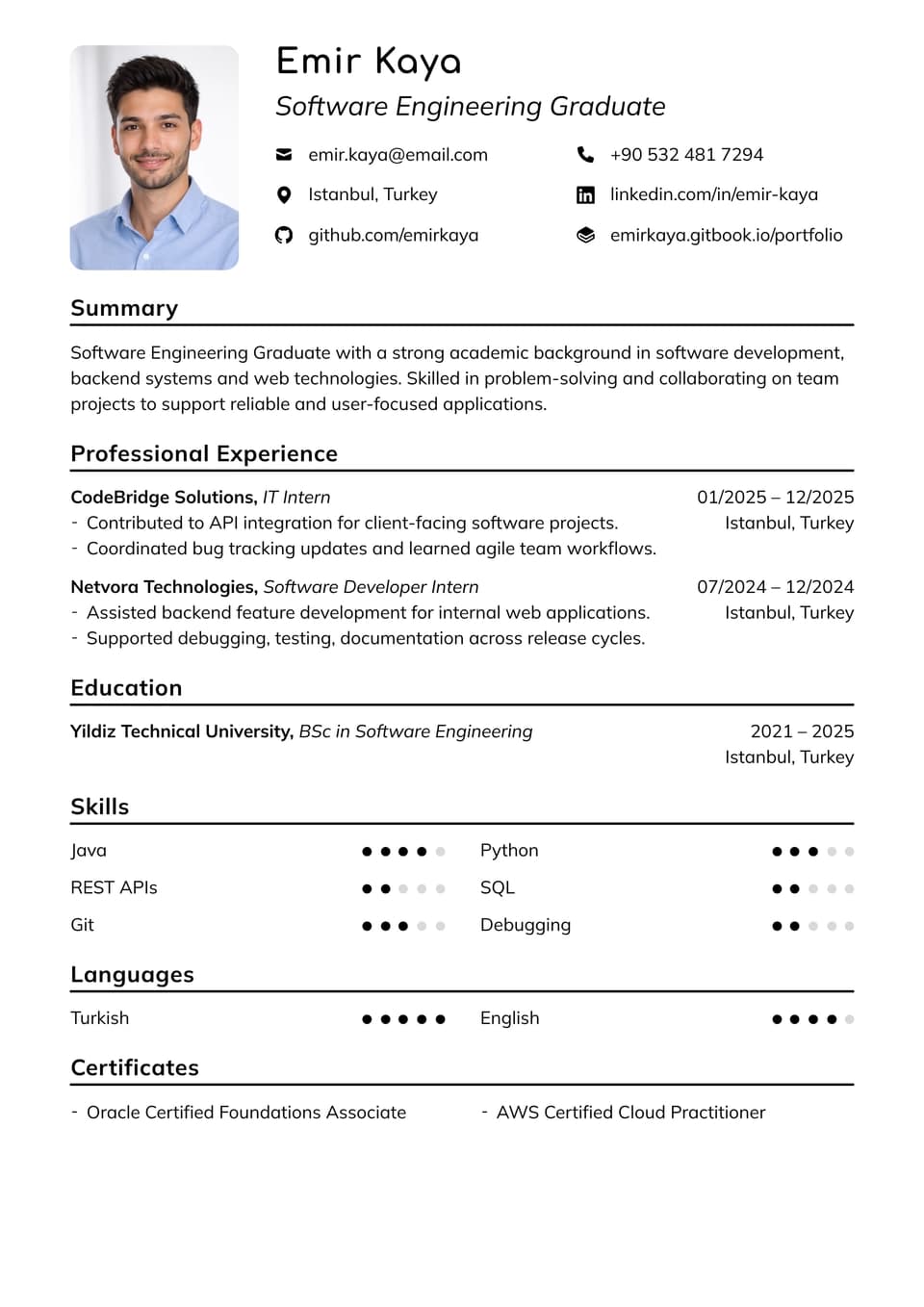 Software Engineering Graduate resume example