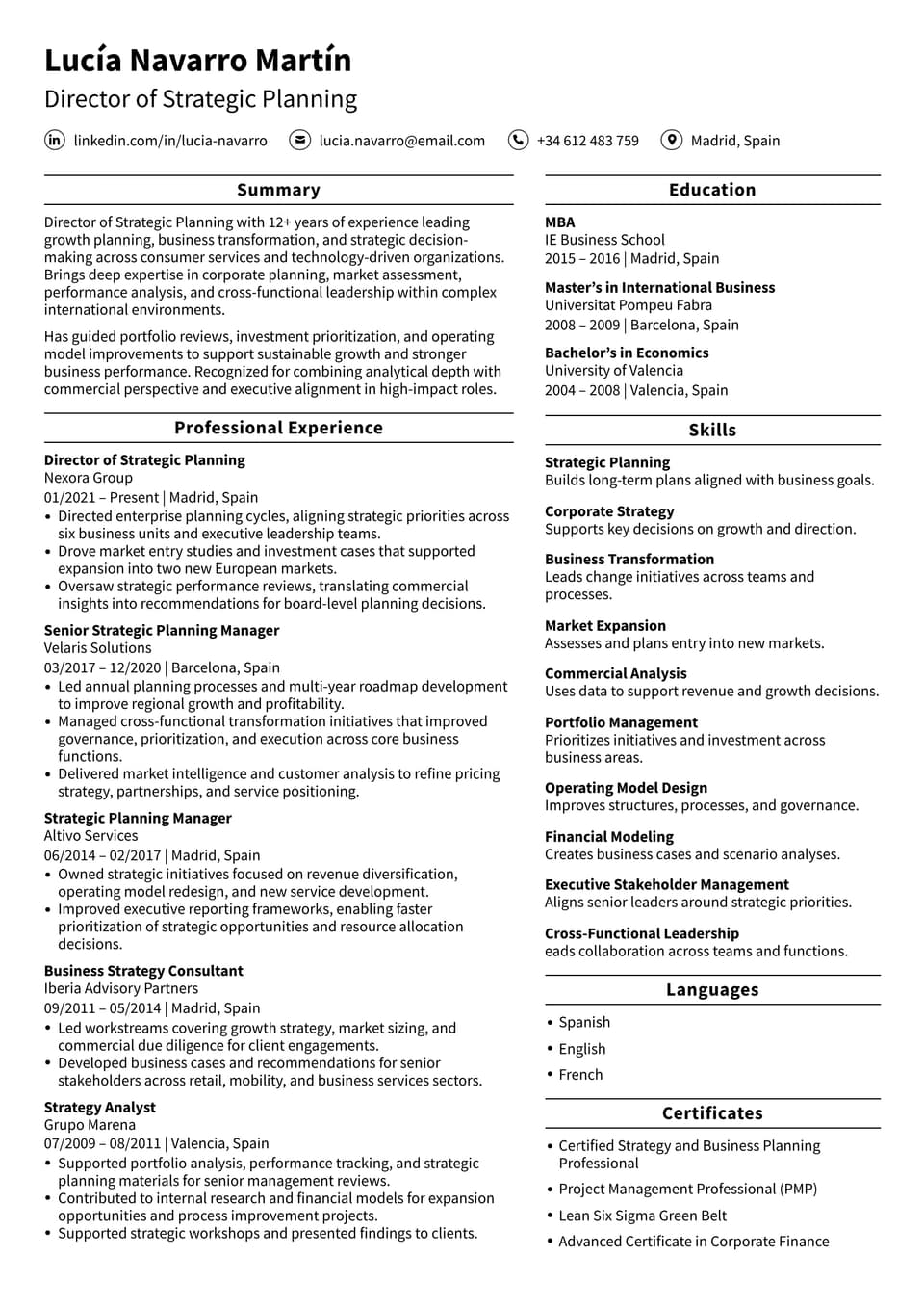 Director of Strategic Planning resume example