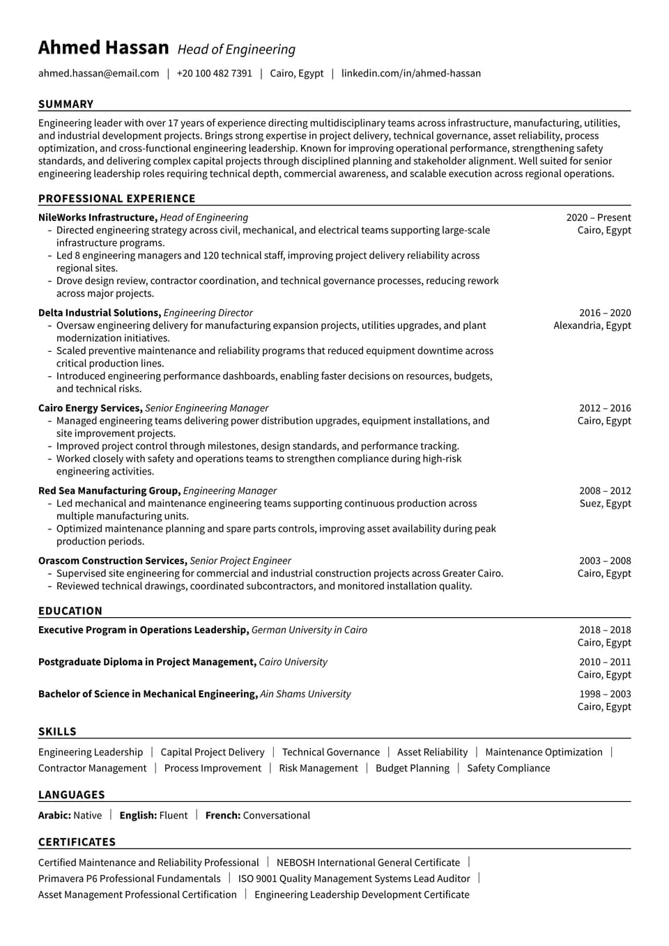 Head of Engineering resume example