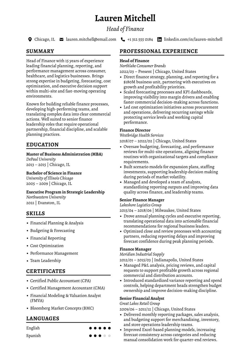 Head of Finance resume example