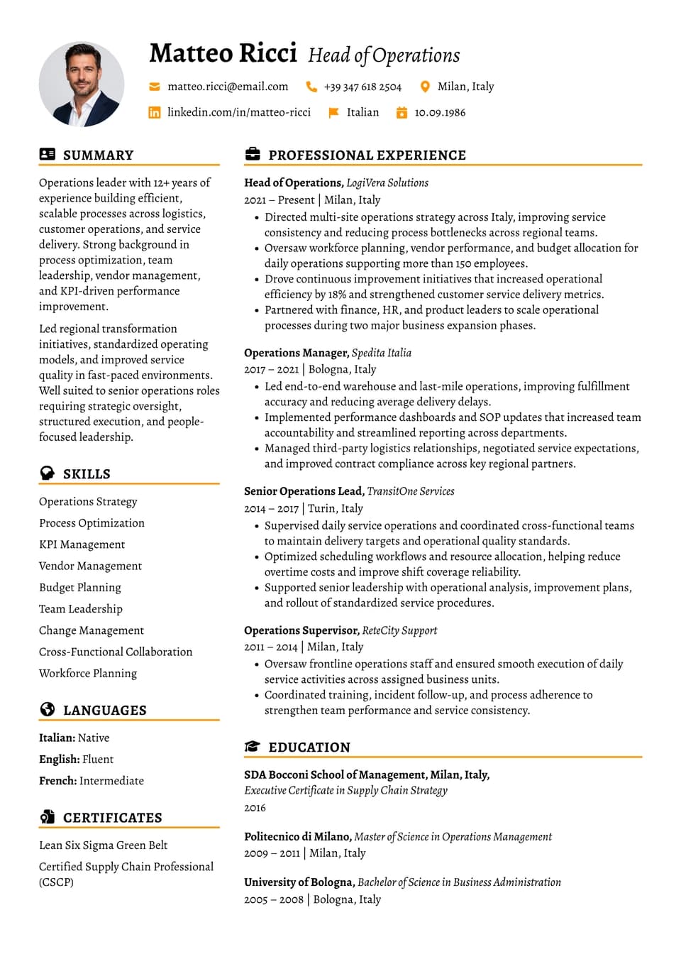 Head of Operations resume example